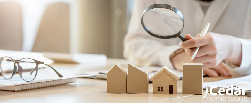 CHL - A woman using magnifying glasses to look into new houses 