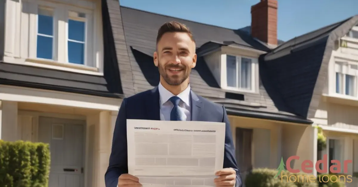 A mortgage broker standing in front of a house for sale holding papers