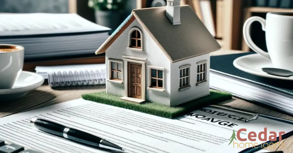 A house model, pen, papers, coffee cup, and mortgage documents on a table.