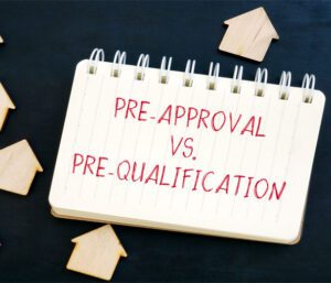 Pre-Approval vs Pre-Qualification mortgage words and homes.